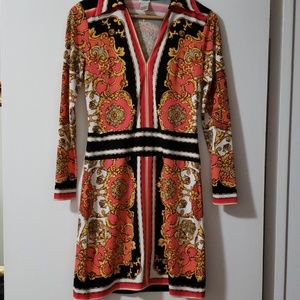 Cache long sleeve dress, scarf print